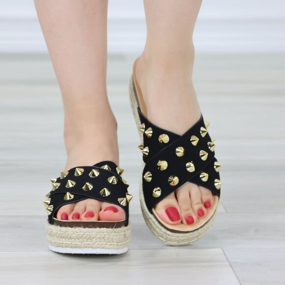 Black Platform Espadrille Sandals Crossover Gold Metal Stud Slip On Sliders - Picture 3 of 13